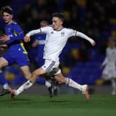WIMBLEDON, ENGLAND - FEBRUARY 01: Ben Andreucci of Leeds Utd shoots at goal at The Cherry Red Records Stadium on February 01, 2023 in Wimbledon, England. (Photo by Julian Finney/Getty Images)