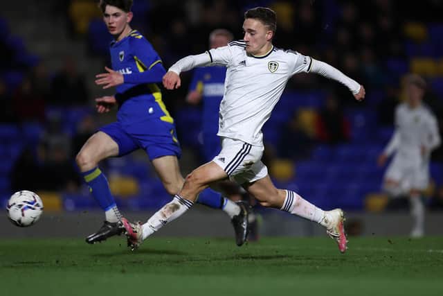WIMBLEDON, ENGLAND - FEBRUARY 01: Ben Andreucci of Leeds Utd shoots at goal at The Cherry Red Records Stadium on February 01, 2023 in Wimbledon, England. (Photo by Julian Finney/Getty Images)