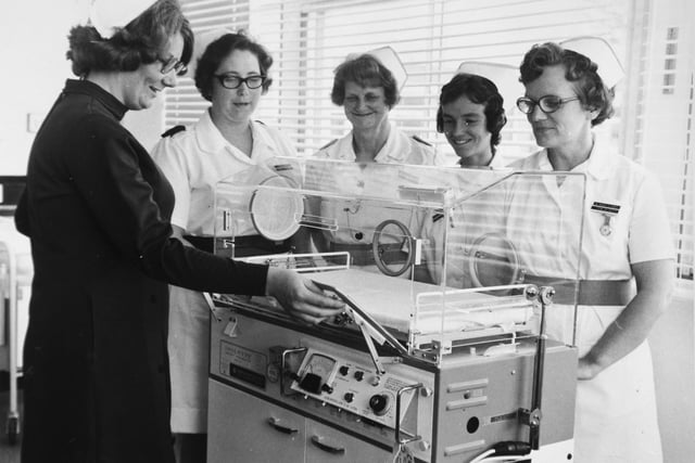 Staff at Pontefract Maternity Hospital with one of the new incubators in August 1973.