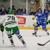 SURROUNDED: Owen Sobchak enjoyed a positive impact on his Leeds Knights debut after making the switch from NIHL National rivals, Hull Seahawks on Friday - scoring one goal and two assists in Sunday's 4-1 win over Basingstoke. Picture: Rob Halls/Knights Media.