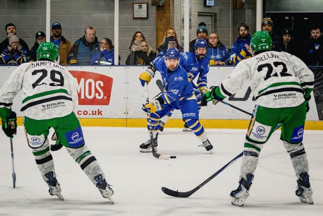 SURROUNDED: Owen Sobchak enjoyed a positive impact on his Leeds Knights debut after making the switch from NIHL National rivals, Hull Seahawks on Friday - scoring one goal and two assists in Sunday's 4-1 win over Basingstoke. Picture: Rob Halls/Knights Media.