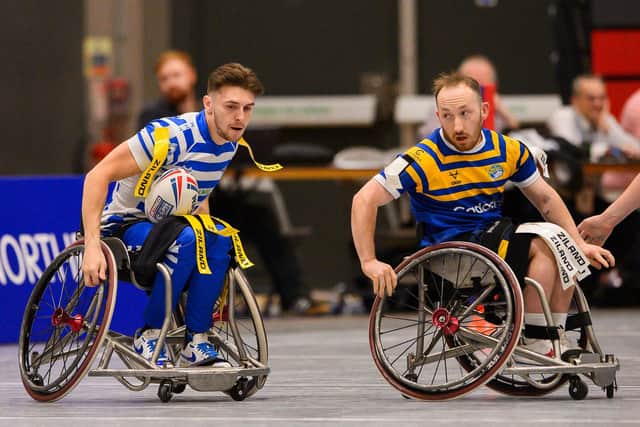 Leeds Rhinos' Nathan Collins in action against England teammate Rob Hawkins during last month's Wheelchair Super League Grand Final. Picture by Allan McKenzie/SWpix.com.