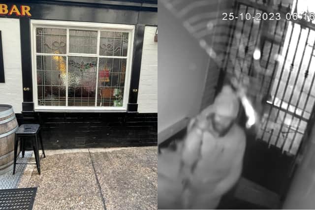 One of the missing brass handrails and a CCTV image of a man police want to speak to over the theft (Photo by Whitelock's Ale House)