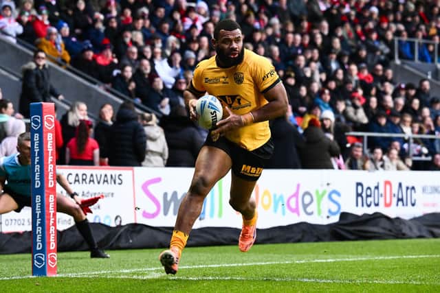Mikaele Ravalawa, seen scoring against St Helens in pre-season, is one of 10 potential debutants in Castleford Tigers' squad to face Doncaster on Saturday. Picture by Olly Hassell/SWpix.com.