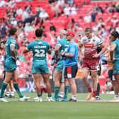 Wigan's Sam Walters is sent-off in the Challenge Cup final after a dangerous tackle on Hull KR's Bill Leyland. Picture by Alex Whitehead/SWpix.com.