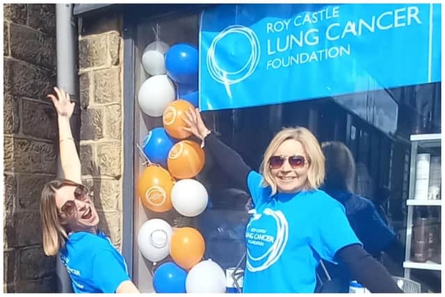 Natasha Loveridge, left, with owner of Solo in Otley, as they hold a bake sale to raise money for Roy Castle Lung Cancer Foundation.