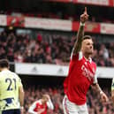 BACK TO HAUNT: Arsenal's Ben White celebrates his strike in Saturday's 4-1 defeat of his former loan side Leeds United at the Emirates. Photo by Julian Finney/Getty Images.