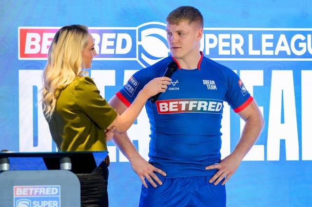 Leeds Rhinos' James McDonnelll is interviewed by Jenna Brooks, of Sky Sports, during this week's Super League Dream team media event at Elland Road. Picture by Allan McKenzie/SWpix.com.