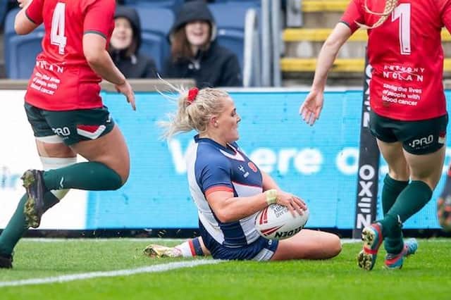 Amy Hardcastle touches down for a try in England's 60-0 win over Wales at Headingley. Picture by Allan McKenzie/SWpix.com.