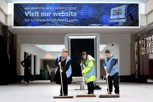 Last minute cleaning up at Trinity Leeds on opening day. Pictured, from left, are Lucy McNamara, Natasha Town and Sam Mayes.