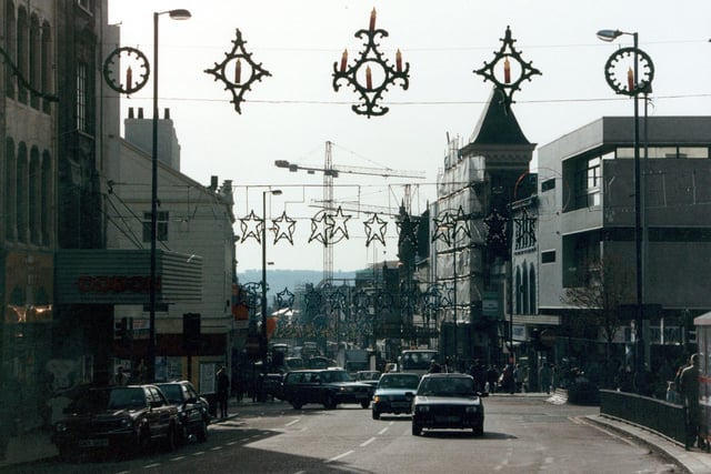 Christmas lights on New Briggate on to junction with The Headrow pictured in 1992.
