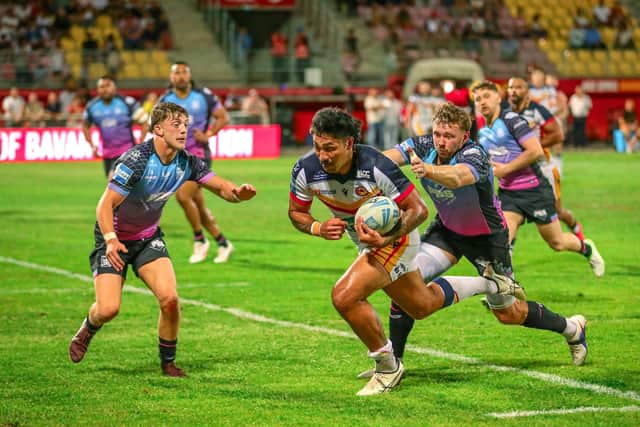 Catalans Dragons' Edenn Rogers-Smith, seen scoring against Hull FC last week, is understood to be on the verge of a move to Leeds Rhinos. Picture by Rémi Vignaud/Catalans Dragons/SWpix.com.