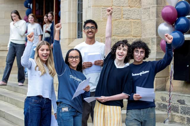 Rufus Baxter, Liberty Preston, Anna Schlosshan, Abrahim Taher and Navjot Singh were delighted to find they each had a string of grade 9s. Photo: Bradford Grammar School