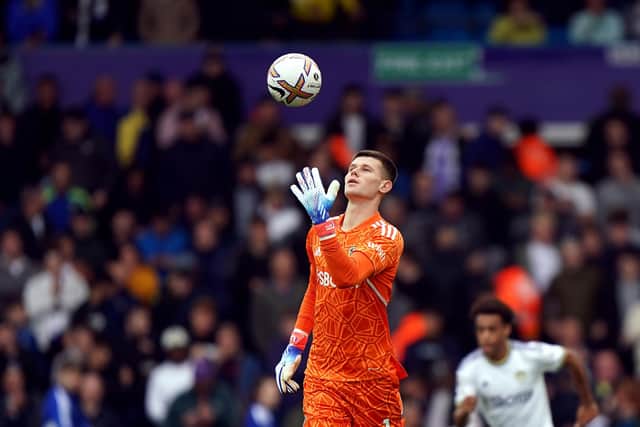 Leeds United goalkeeper Illan Meslier and team-mates make their way out onto the pitch for a second time during the Premier League match at Elland Road, Leeds. Picture date: Sunday October 16, 2022.