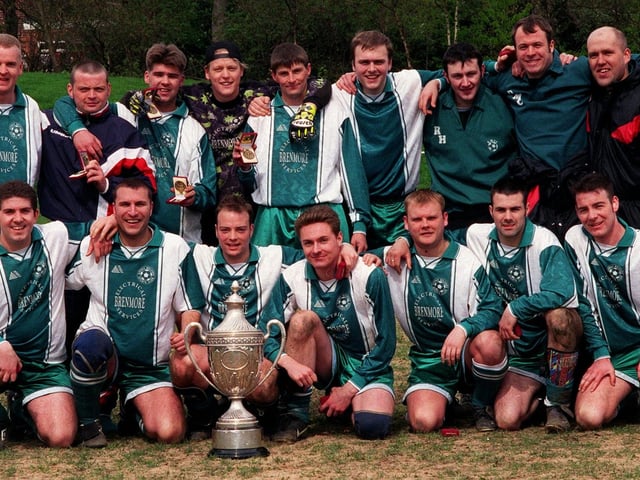 Kippax Welfare winners celebrate winning Leeds Sunday League Raftery Cup final in April 1998.