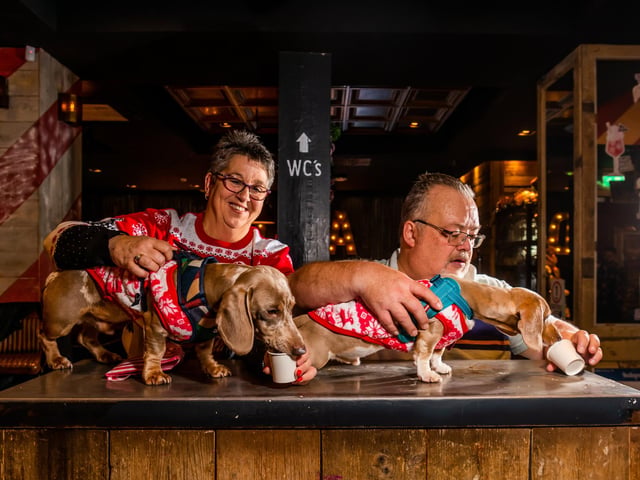 Gill and David Byers, with dogs Hugo and Teddy, both 10-months old, who enjoyed unique doggie beverage 'puppuccinos'.