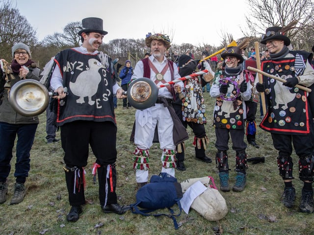 Wharfedale Wayzgoose Border Morris at the 5th Wassail held at the Otley Chevin Orchard Project (near the White House) above Otley on Saturday. Photograph by Tony Johnson.  10th January 2026.