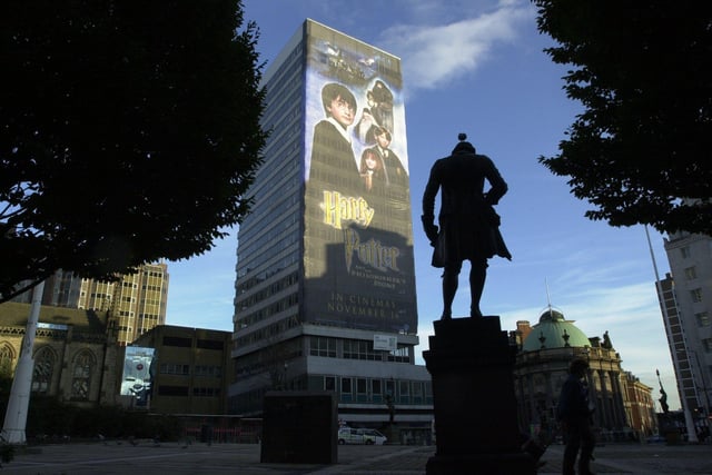 Royal Exchange House in City Square advertising the new Harry Potter Film on Oct 28, 2001.