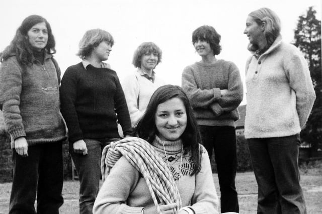 Six French female mountaineers arrived in Guiseley on an exchange visit in April 1980. Pictured are Benedicte Reynaud, front, with, from left, Neije Le Cottier, Mireille Baltardive, Catherine Destivelle, Marie Joille Couturier and Martine Rolland.