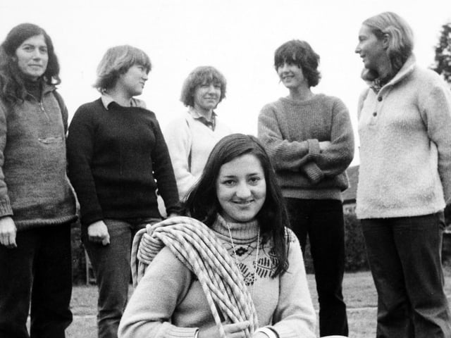 Six French female mountaineers arrived in Guiseley on an exchange visit in April 1980. Pictured are Benedicte Reynaud, front, with, from left, Neije Le Cottier, Mireille Baltardive, Catherine Destivelle, Marie Joille Couturier and Martine Rolland.
