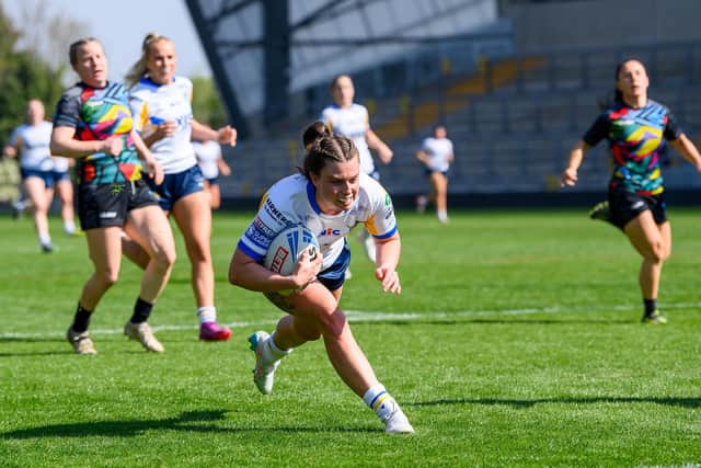 Nicole Kennedy seen scoring a try during her Leeds Rhinos debut against Cardiff in April. Picture by Allan McKenzie/SWpix.com.