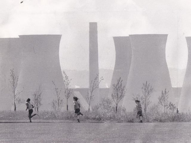 The cooling towers provided an industrial backdrop for these runners competing in the Blenheim Middle School sports day in July 1973.