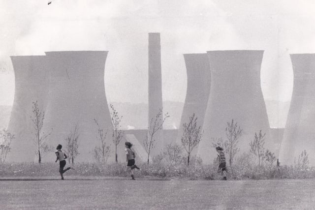 The cooling towers provided an industrial backdrop for these runners competing in the Blenheim Middle School sports day in July 1973.