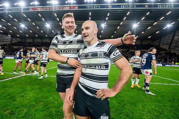 Scott Taylor, left and Hull teammate Danny Houghton celebrate victory over Leeds. Picture by Allan McKenzie/SWpix.com.