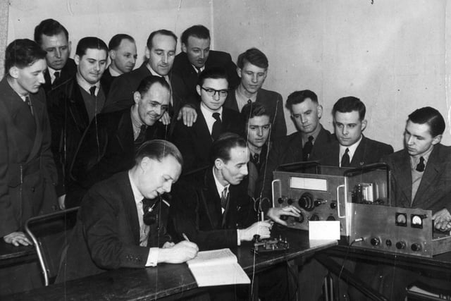 Members of Leeds Amateur Radio Society with their low power receiver and transmitter in March 1955.