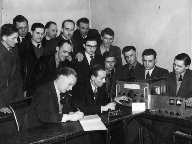 Members of Leeds Amateur Radio Society with their low power receiver and transmitter in March 1955.