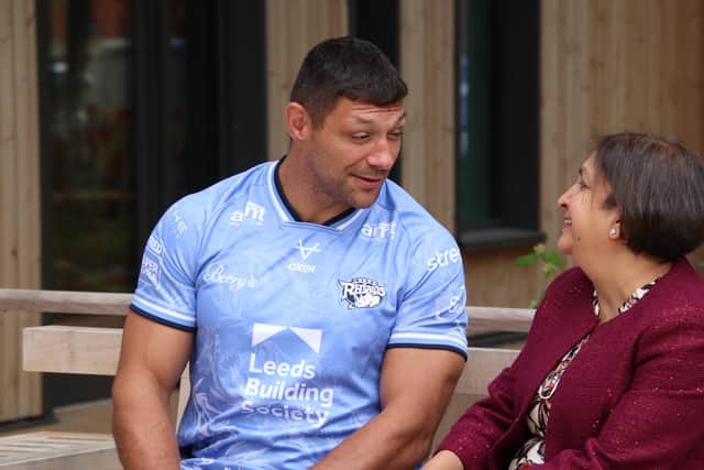 Leeds Rhinos star Ryan Hall chats to Dr Agam Jung at the Rob Burrow Centre for Motor Neurone Disease. Picture by RAM Films/Leeds Rhinos.