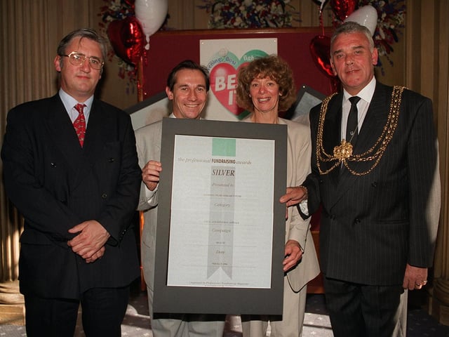 Your Yorkshire Evening Post was been awarded a 'Silver' in the 1996 Professional Fundraising Awards thanks to its  'Beat It' campaign. Pictured with the award, from left, are editor Chris Bye, Killingback Hospital surgeon Kevin Waterson, chief executive of The National Heart Research Fund Ros Jenkins and the Lord Mayor of Leeds Coun Malcolm Bedford.