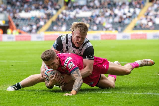 Liam Sutcliffe scores for Rhinos against Hull earlier this year. (Picture by Bruce Rollinson)