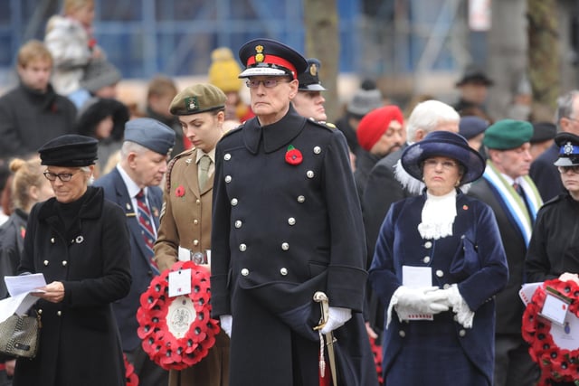 At 11am there was a two-minute silence which was preceded by a bugler who sounded the Last Post. Pictured: Lord Lieutenant of West Yorkshire Ed Anderson.