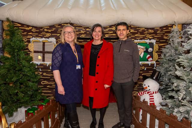 (L-R) LCB CEO & Principal Nikki Davis, Cllr Helen Hayden, and MP Alex Sobel at the Child Friendly Leeds Christmas event.