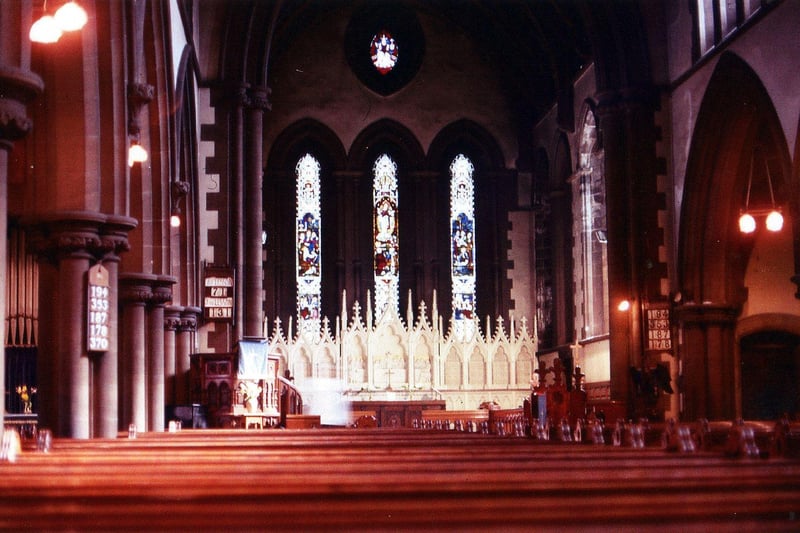 Inside Christ Church, Upper Armley, showing the altar and reredos at the east end of the church. This church was built on land donated by the Gott family. The foundation stone was laid on October 1,1869.