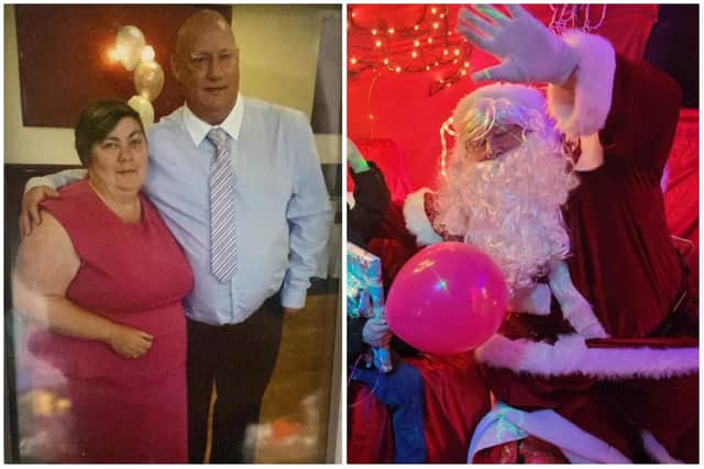 Gary with wife and "Mrs Claus" Jaine, and Gary transformed for action as Father Christmas.