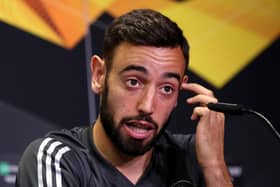 COLOGNE, GERMANY - AUGUST 15: In this UEFA Handout picture Bruno Fernandes of Manchester United  speaks to the media during the Manchester United Press Conference ahead of the UEFA Europa Semi-Final match between Sevilla and Manchester United at the RheinEnergieStadion on August 15, 2020 in Cologne, Germany. (Photo by UEFA - Handout/UEFA via Getty Images)