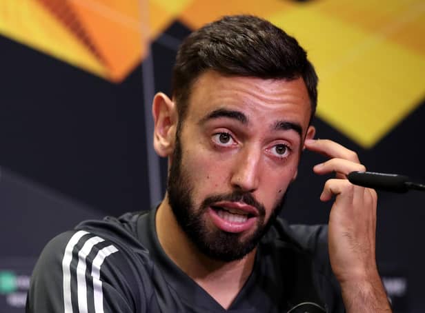 COLOGNE, GERMANY - AUGUST 15: In this UEFA Handout picture Bruno Fernandes of Manchester United  speaks to the media during the Manchester United Press Conference ahead of the UEFA Europa Semi-Final match between Sevilla and Manchester United at the RheinEnergieStadion on August 15, 2020 in Cologne, Germany. (Photo by UEFA - Handout/UEFA via Getty Images)