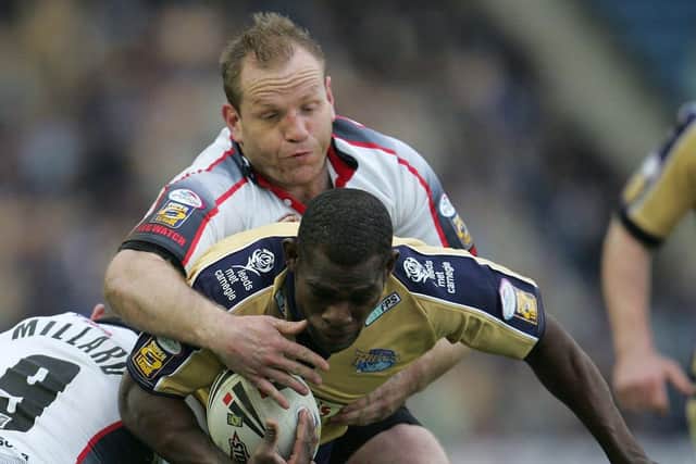 Jarrod O'Connor's dad Terry O'Connor is a former Widnes Vikings player. He's seen tackling Leeds Rhinos' Marcus Bai in a game at Halton Stadium in April, 2005. Picture by John Clifton/SWpix.com.