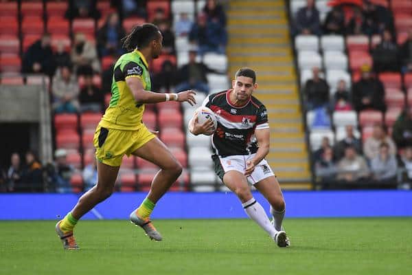 Castleford signing Charbel Tasipale in action for Lebanon against Jamaica at the 2022 World Cup. Picture by Olly Hassell/SWpix.com.