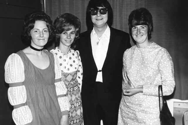 Singer Roy Orbison greets members Pauline Margerison, Kathleen Hainsworth and Barbara Lonsdale at Batley Variety Club in August 1972.