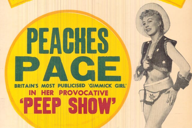 Britain's most publicised 'gimmick girl' Peaches Page brought her 'provocative peep show' to the City Varieties stage in November 1957. She was billed as being number one in the 'hip parade'.