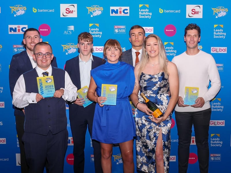 Leeds Rhinos players of the year (from left to right): Cameron Smith (men's), Mitch Woodham (LDSL), Fergus McCormack (academy), Hanna Butcher (women's), Presley Cassell (scholarship), Caitlin Beevers (try of the season), Tom Kaye (PDRL).