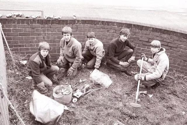 Cubs and Scouts clearing land at St Anne's church hall in Wrenthorpe in 1985.