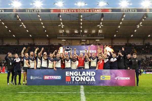 England celebrate their 3-0 Test series win against Tonga after Saturday's 26-4 victory at Headingley. Picture by John Clifton/SWpix.com.