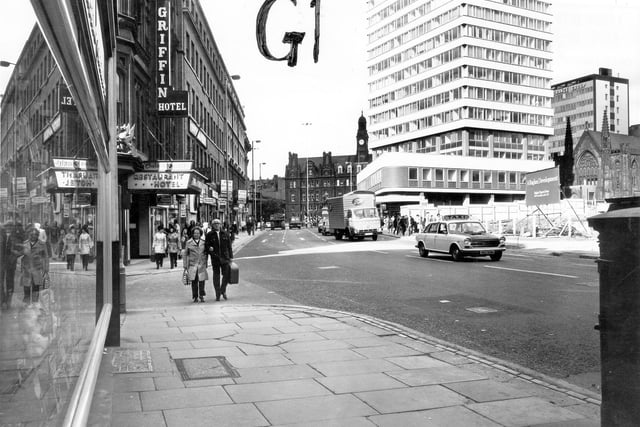 Boar Lane looking west towards City Square in September 1974. On the left is the junction with Mill Hill, then the Griffin Hotel. On the right, demolition has taken place of the shops around Upper Mill Hill, in preparation for the development of the Bond Street Shopping Centre (now Leeds Shopping Plaza) which opened in 1977. Beyond this is Royal Exchange House, with, on the far right, a rare opportunity to see the rear of Mill Hill Chapel, and behind it the Norwich Union Building.