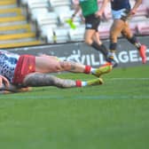 Lui Roberts, pictured scoring in pre-season at Leigh, has been recalled to Rhinos' 21-man squad.