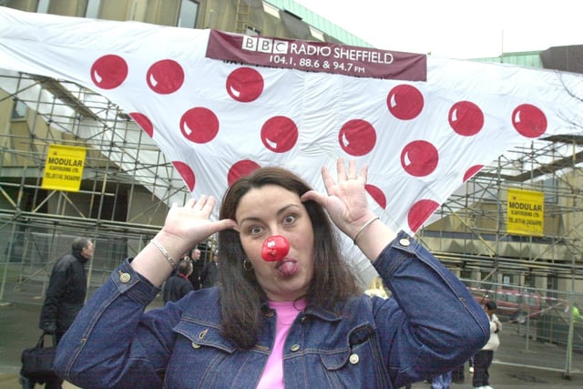 Peace Gardens in Sheffield, Lindsay Wagstaff of Mudfords with the giant underwear made for Comic Relief on March 16 2001