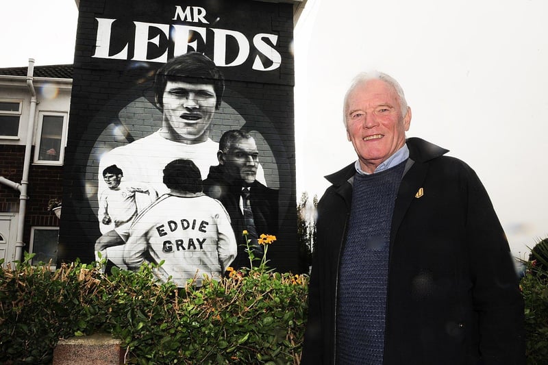 The mural also carries the famous quote from Don Revie which reads, 'when Eddie Gray plays on snow he doesn’t leave any footprints'. Pictured is Eddie Gray by his mural.